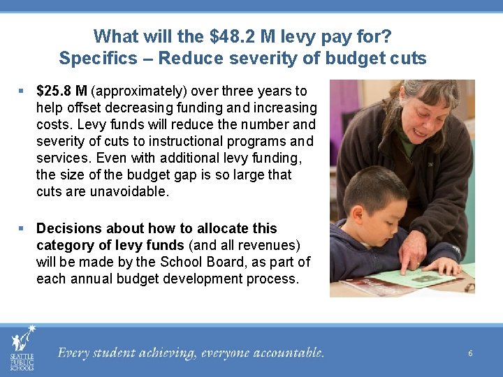 What will the $48. 2 M levy pay for? Specifics – Reduce severity of