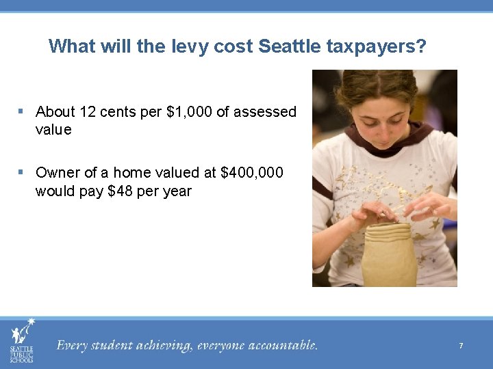 What will the levy cost Seattle taxpayers? § About 12 cents per $1, 000
