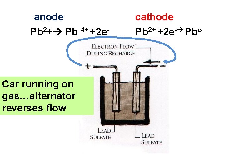 anode Pb 2+ Pb 4+ +2 e- Car running on gas…alternator reverses flow cathode anode Pb 2+ Pb 4+ +2 e- Car running on gas…alternator reverses flow cathode