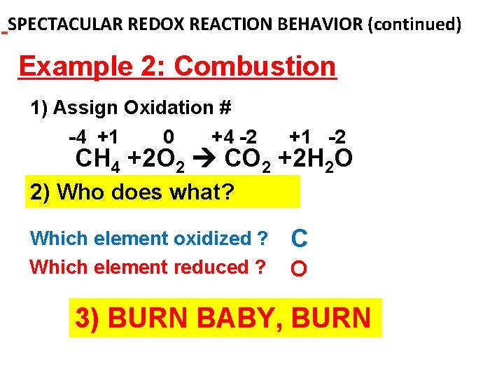 SPECTACULAR REDOX REACTION BEHAVIOR (continued) Example 2: Combustion 1) Assign Oxidation # -4 +1 SPECTACULAR REDOX REACTION BEHAVIOR (continued) Example 2: Combustion 1) Assign Oxidation # -4 +1