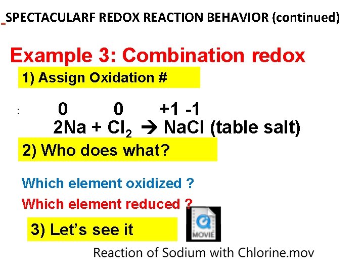 SPECTACULARF REDOX REACTION BEHAVIOR (continued) Example 3: Combination redox 1) Assign Oxidation # : SPECTACULARF REDOX REACTION BEHAVIOR (continued) Example 3: Combination redox 1) Assign Oxidation # :