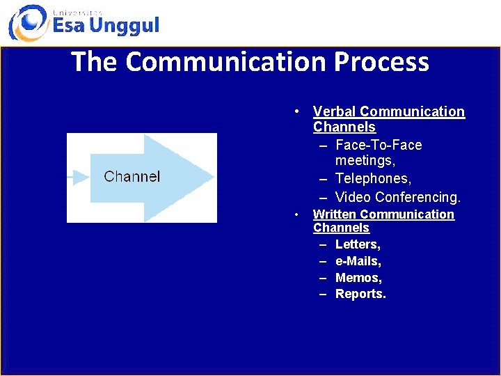 The Communication Process • Verbal Communication Channels – Face-To-Face meetings, – Telephones, – Video