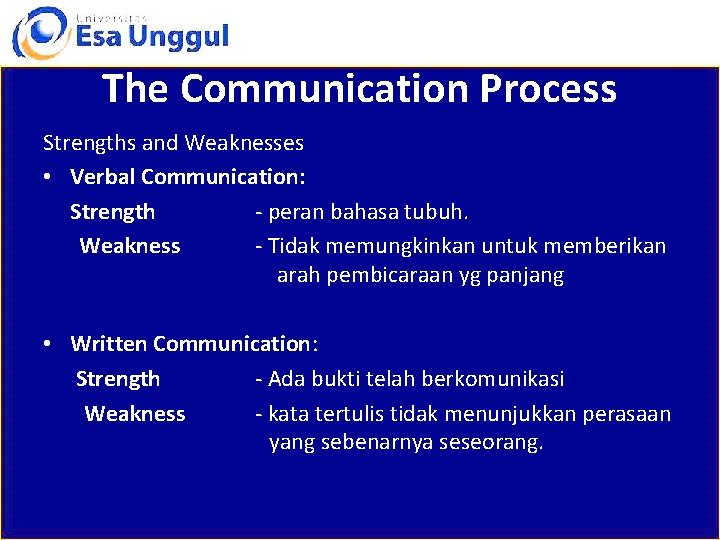 The Communication Process Strengths and Weaknesses • Verbal Communication: Strength - peran bahasa tubuh.