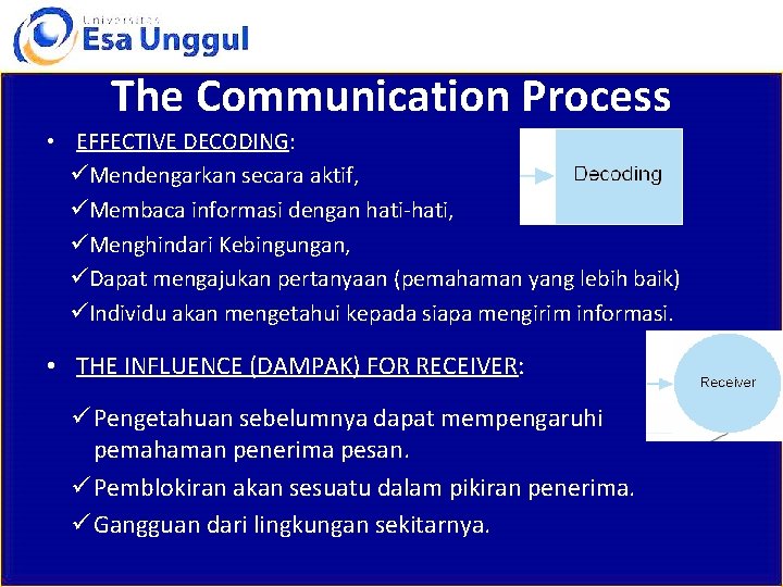 The Communication Process • EFFECTIVE DECODING: üMendengarkan secara aktif, üMembaca informasi dengan hati-hati, üMenghindari