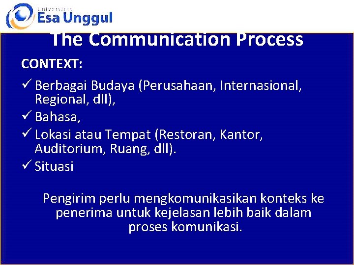 The Communication Process CONTEXT: ü Berbagai Budaya (Perusahaan, Internasional, Regional, dll), ü Bahasa, ü