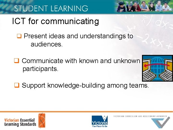 ICT for communicating q Present ideas and understandings to audiences. q Communicate with known