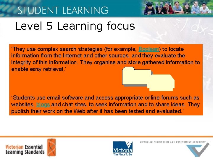 Level 5 Learning focus ‘They use complex search strategies (for example, Boolean) to locate