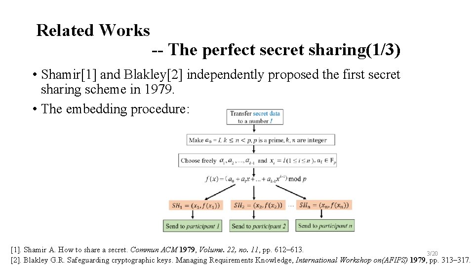 Related Works -- The perfect secret sharing(1/3) • Shamir[1] and Blakley[2] independently proposed the