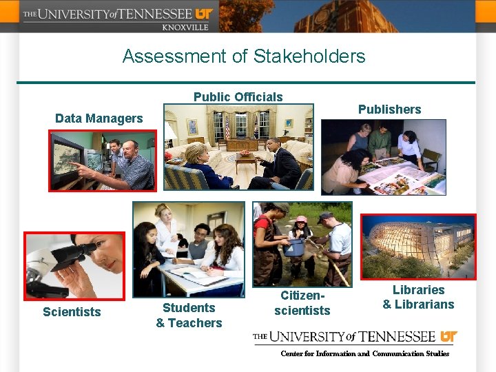 Assessment of Stakeholders Public Officials Data Managers Scientists Students & Teachers Citizenscientists Publishers Libraries