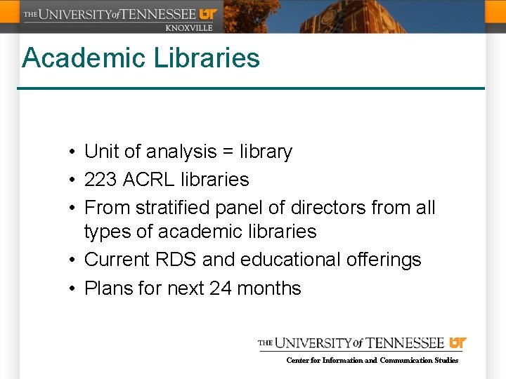 Academic Libraries • Unit of analysis = library • 223 ACRL libraries • From