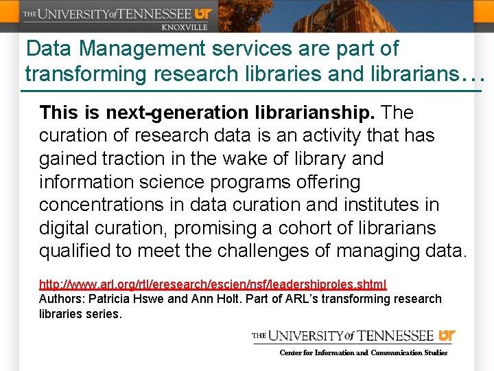 Data Management services are part of transforming research libraries and librarians… This is next-generation