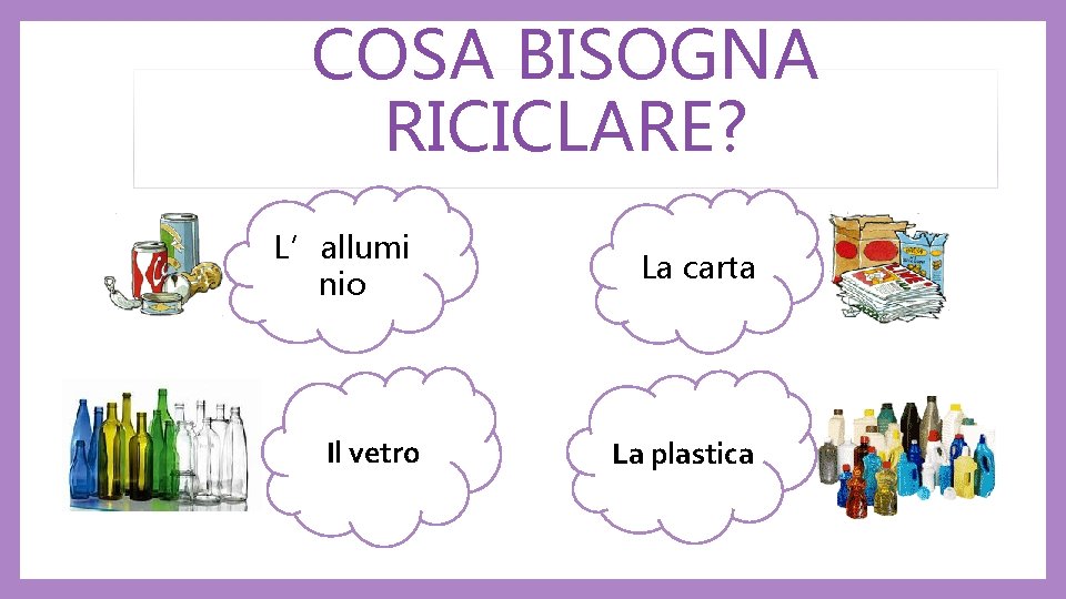 COSA BISOGNA RICICLARE? L’allumi nio La carta Il vetro La plastica 