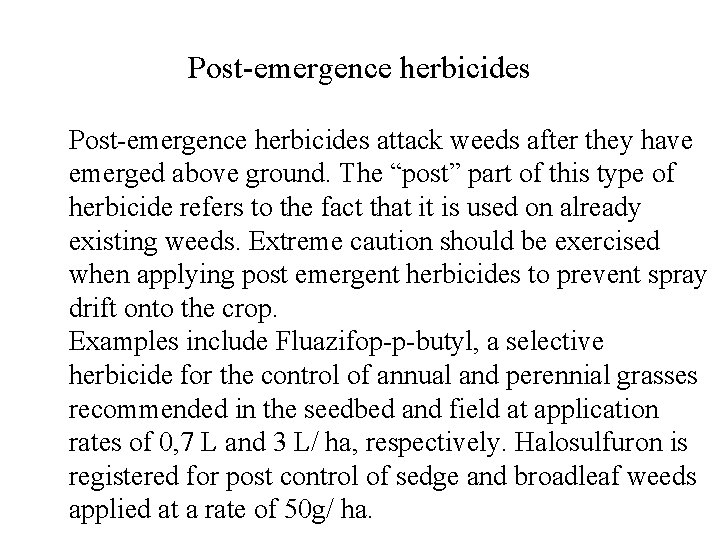 Post-emergence herbicides attack weeds after they have emerged above ground. The “post” part of