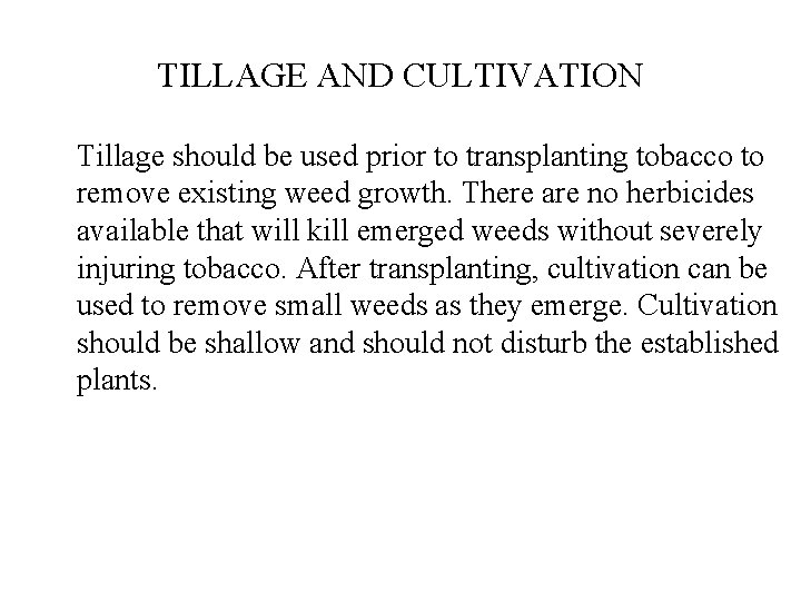 TILLAGE AND CULTIVATION Tillage should be used prior to transplanting tobacco to remove existing