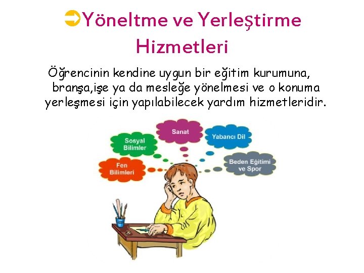 ÜYöneltme ve Yerleştirme Hizmetleri Öğrencinin kendine uygun bir eğitim kurumuna, branşa, işe ya da