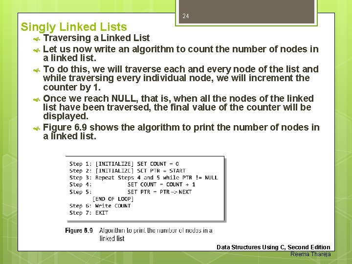 24 Singly Linked Lists Traversing a Linked List Let us now write an algorithm