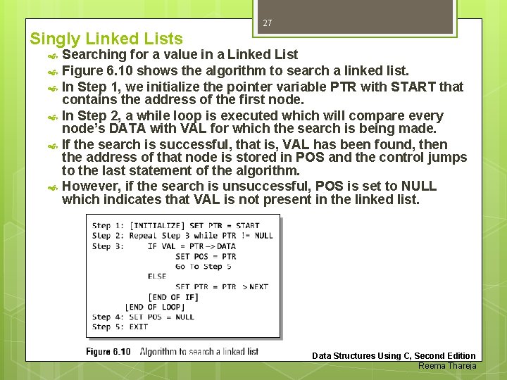 27 Singly Linked Lists Searching for a value in a Linked List Figure 6.
