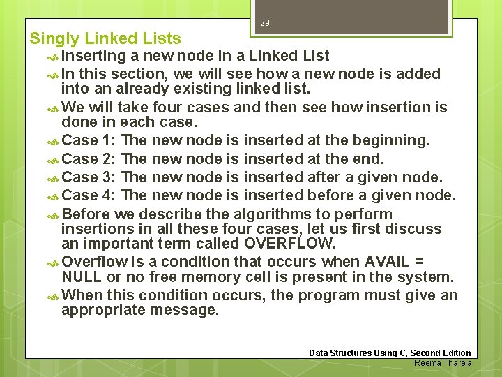 29 Singly Linked Lists Inserting a new node in a Linked List In this