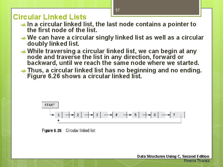 57 Circular Linked Lists In a circular linked list, the last node contains a