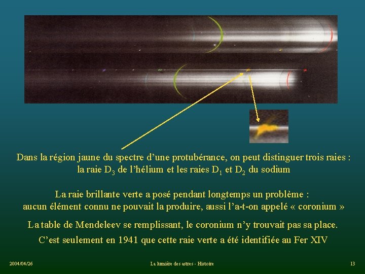 Dans la région jaune du spectre d’une protubérance, on peut distinguer trois raies :