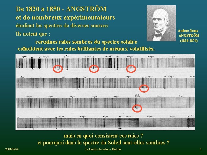De 1820 à 1850 - ANGSTRÖM et de nombreux expérimentateurs étudient les spectres de