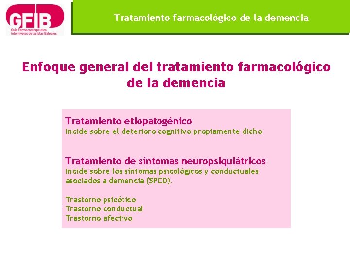Tratamiento farmacológico de la demencia Enfoque general del tratamiento farmacológico de la demencia Tratamiento