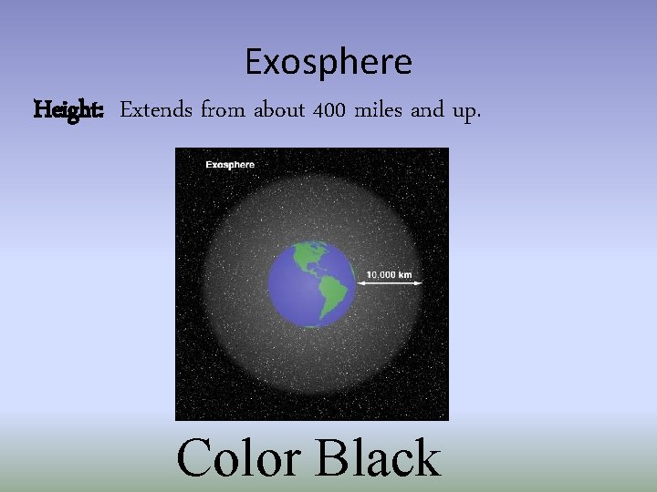 Exosphere Height: Extends from about 400 miles and up. Color Black 