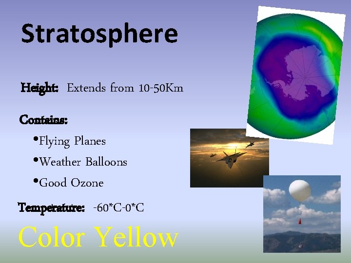 Stratosphere Height: Extends from 10 -50 Km Contains: • Flying Planes • Weather Balloons