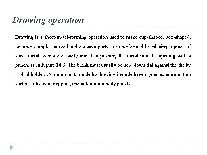 Drawing operation Drawing is a sheet-metal-forming operation used to make cup-shaped, box-shaped, or other