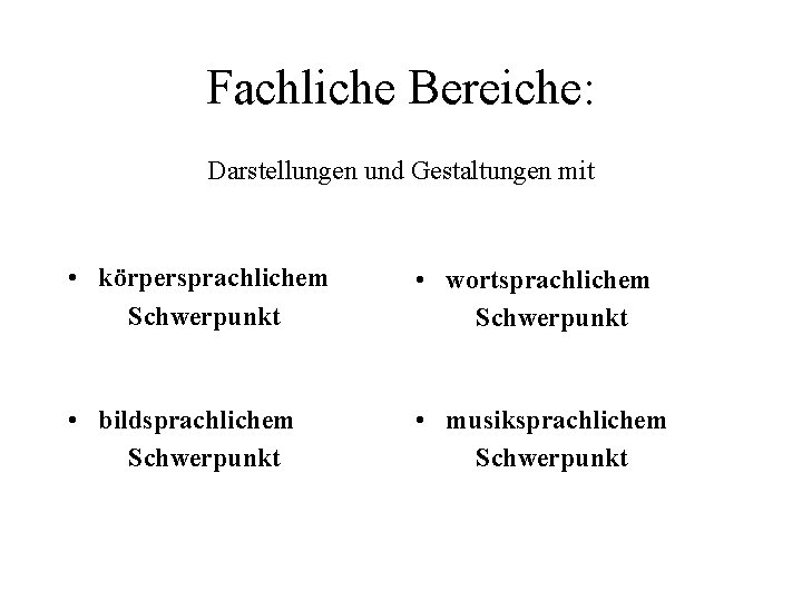 Fachliche Bereiche: Darstellungen und Gestaltungen mit • körpersprachlichem Schwerpunkt • wortsprachlichem Schwerpunkt • bildsprachlichem