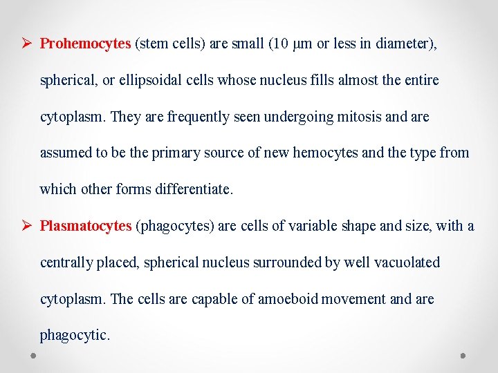 Ø Prohemocytes (stem cells) are small (10 µm or less in diameter), spherical, or