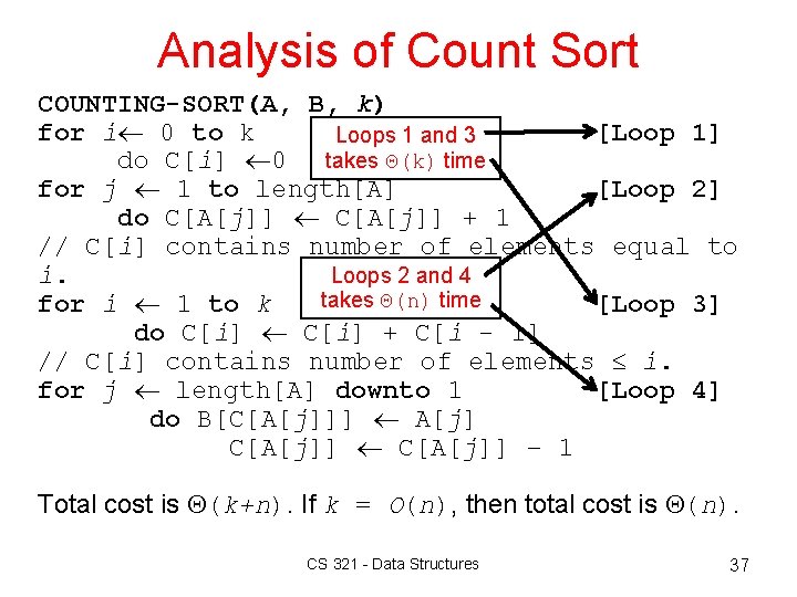 Analysis of Count Sort COUNTING-SORT(A, B, k) for i 0 to k [Loop 1]