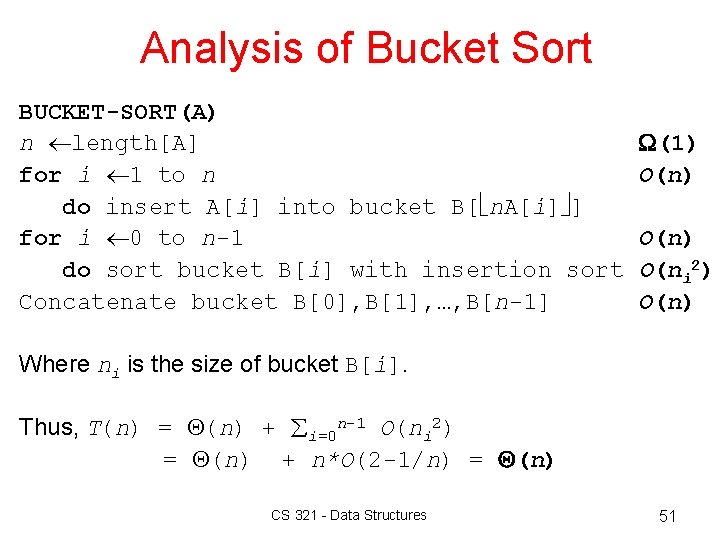 Analysis of Bucket Sort BUCKET-SORT(A) n length[A] for i 1 to n do insert