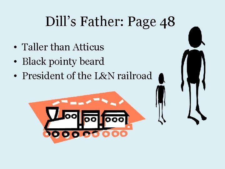Dill’s Father: Page 48 • Taller than Atticus • Black pointy beard • President