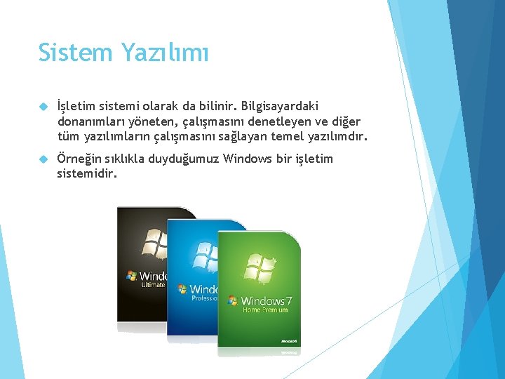 Sistem Yazılımı İşletim sistemi olarak da bilinir. Bilgisayardaki donanımları yöneten, çalışmasını denetleyen ve diğer