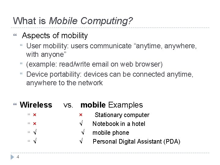 What is Mobile Computing? Aspects of mobility User mobility: users communicate “anytime, anywhere, with