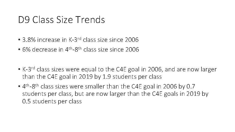 D 9 Class Size Trends • 3. 8% increase in K-3 rd class size