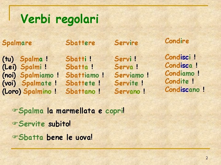 Verbi regolari Spalmare Sbattere Servire Condire (tu) Spalma ! (Lei) Spalmi ! (noi) Spalmiamo