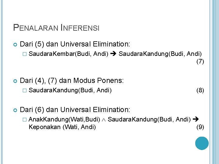 PENALARAN INFERENSI Dari (5) dan Universal Elimination: � Saudara. Kembar(Budi, Andi) Saudara. Kandung(Budi, Andi)