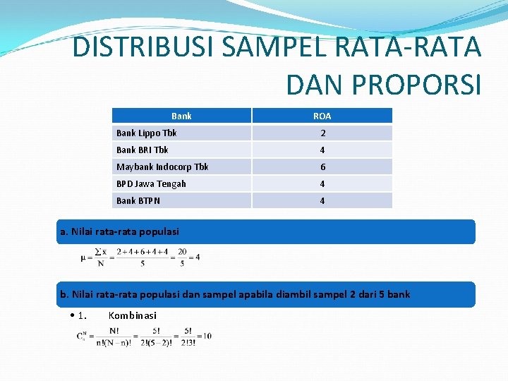 DISTRIBUSI SAMPEL RATA-RATA DAN PROPORSI Bank ROA Bank Lippo Tbk 2 Bank BRI Tbk