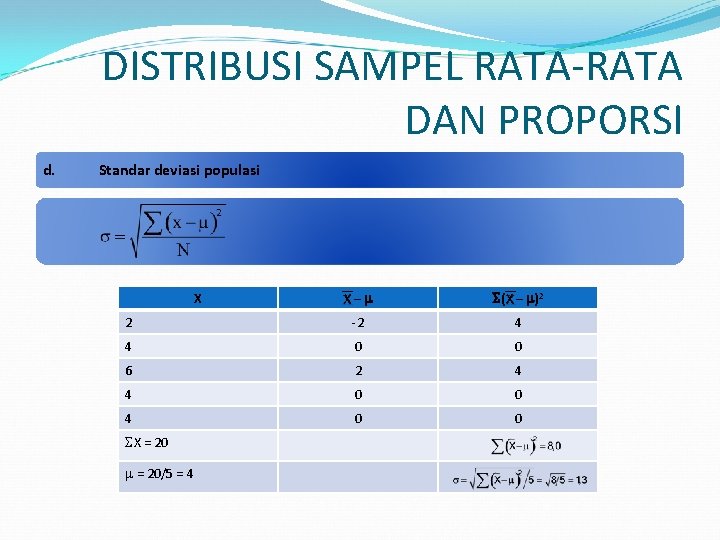 DISTRIBUSI SAMPEL RATA-RATA DAN PROPORSI d. Standar deviasi populasi X– (X – )2 2