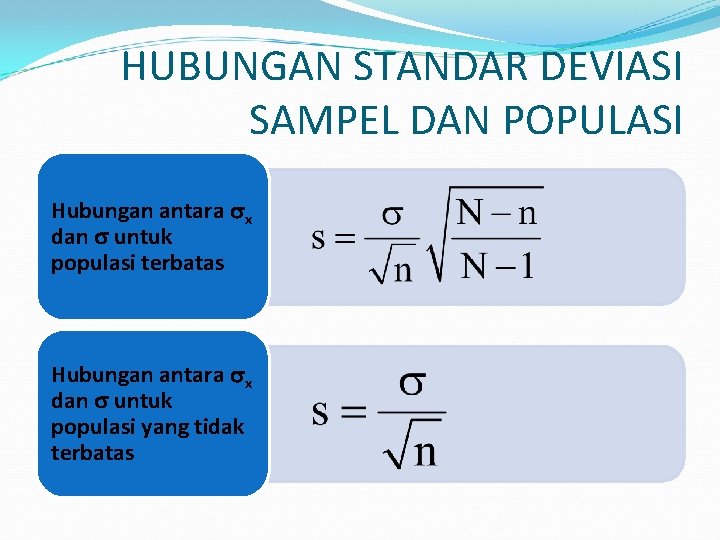 HUBUNGAN STANDAR DEVIASI SAMPEL DAN POPULASI Hubungan antara x dan untuk populasi terbatas Hubungan