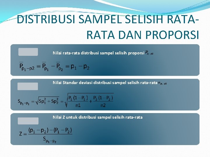 DISTRIBUSI SAMPEL SELISIH RATA DAN PROPORSI Nilai rata-rata distribusi sampel selisih proporsi Nilai Standar