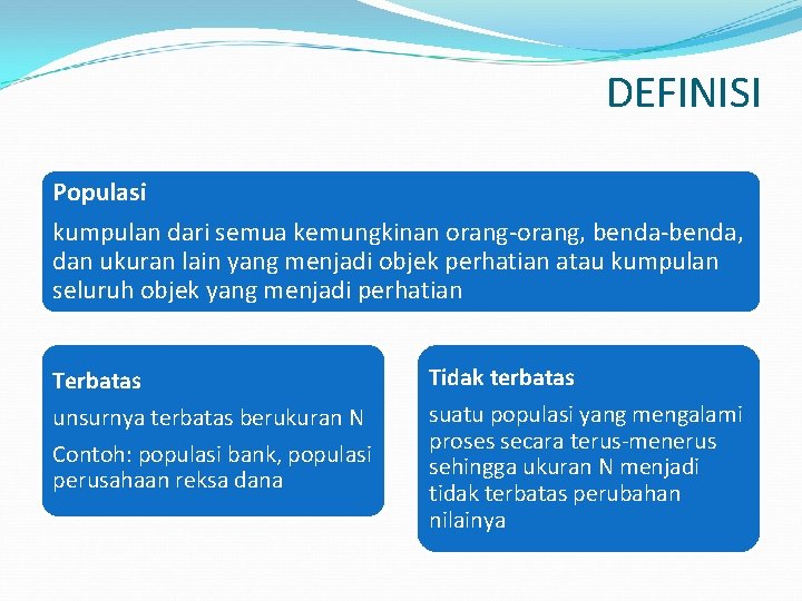 DEFINISI Populasi kumpulan dari semua kemungkinan orang-orang, benda-benda, dan ukuran lain yang menjadi objek