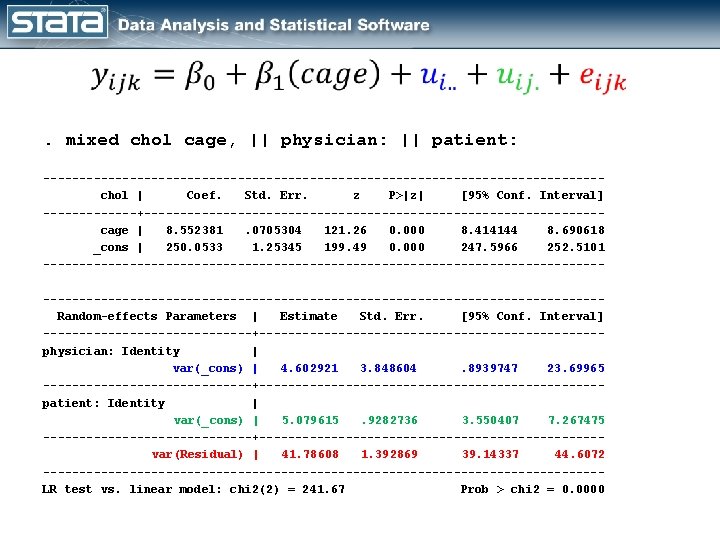 . mixed chol cage, || physician: || patient: ---------------------------------------chol | Coef. Std. Err. z