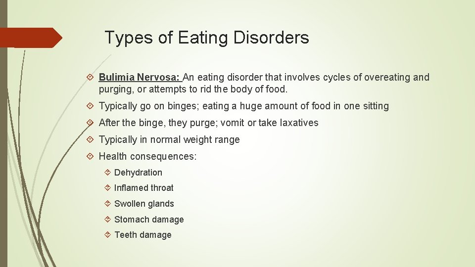 Types of Eating Disorders Bulimia Nervosa: An eating disorder that involves cycles of overeating