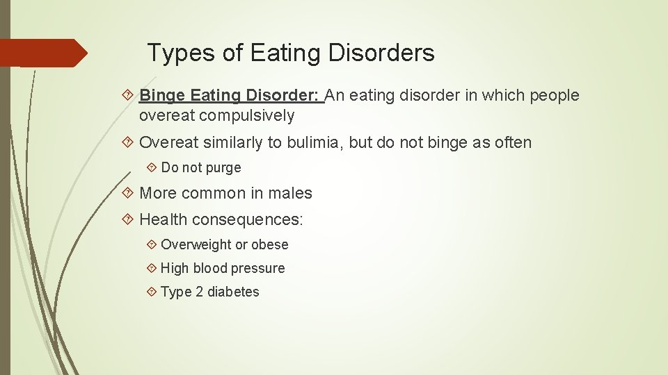 Types of Eating Disorders Binge Eating Disorder: An eating disorder in which people overeat