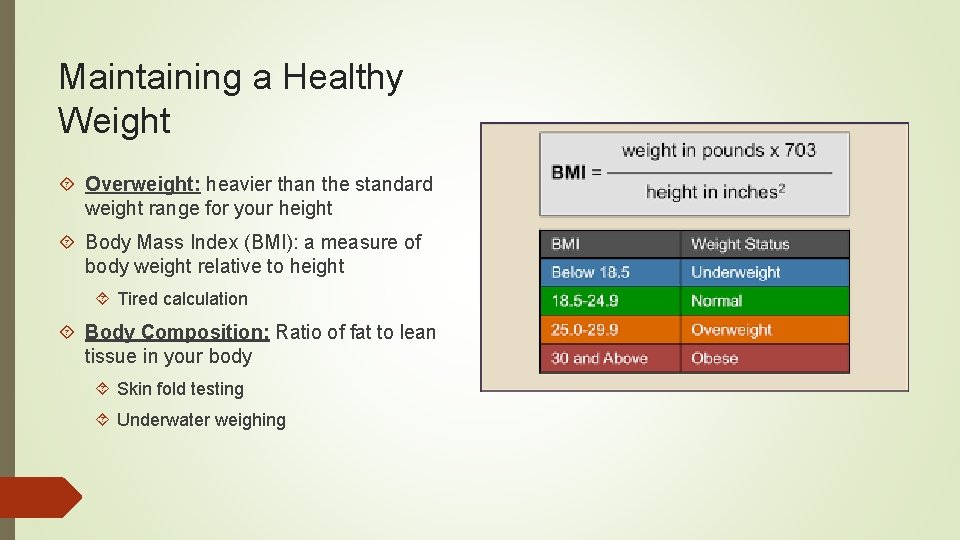 Maintaining a Healthy Weight Overweight: heavier than the standard weight range for your height