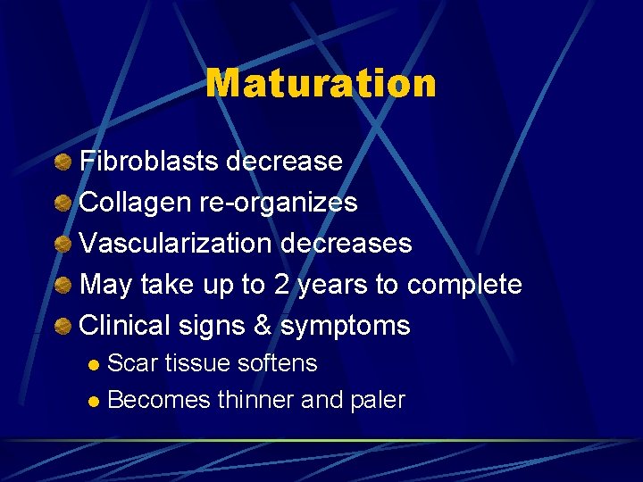 Maturation Fibroblasts decrease Collagen re-organizes Vascularization decreases May take up to 2 years to