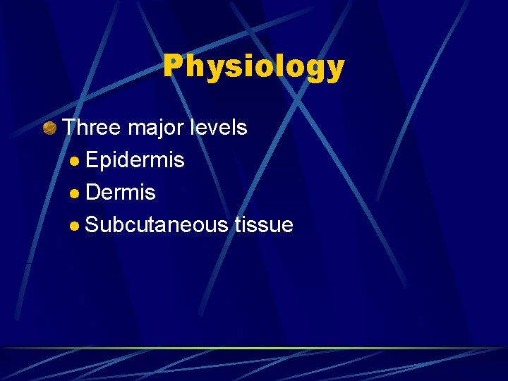 Physiology Three major levels l Epidermis l Dermis l Subcutaneous tissue 